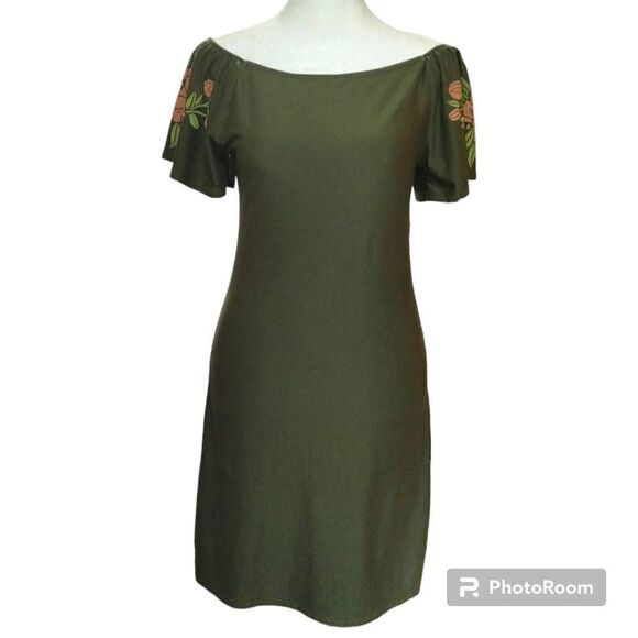 Derek Heart Rose Wide Neck Off Shoulder Dress Sz M Olive Green Pink - Picture 1 of 7